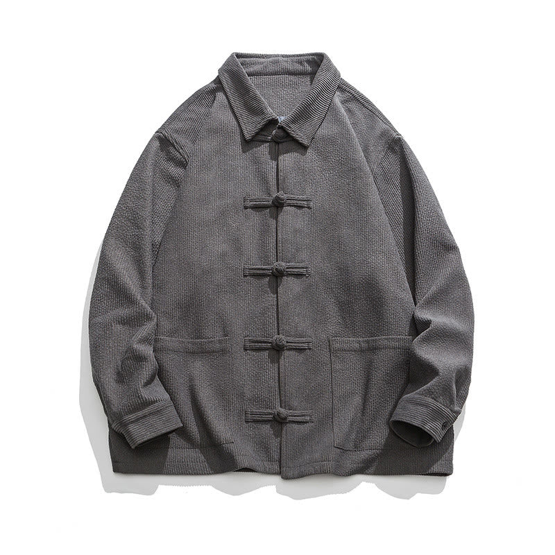 Buddha Stones Long Sleeve Frog-button Design Men's Polyester Jacket Shirt With Pockets