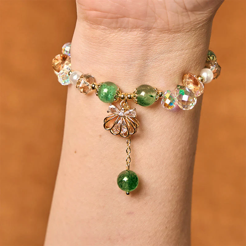 Buddha Stones Natural Strawberry Quartz Pearl Shell Positive Bracelet