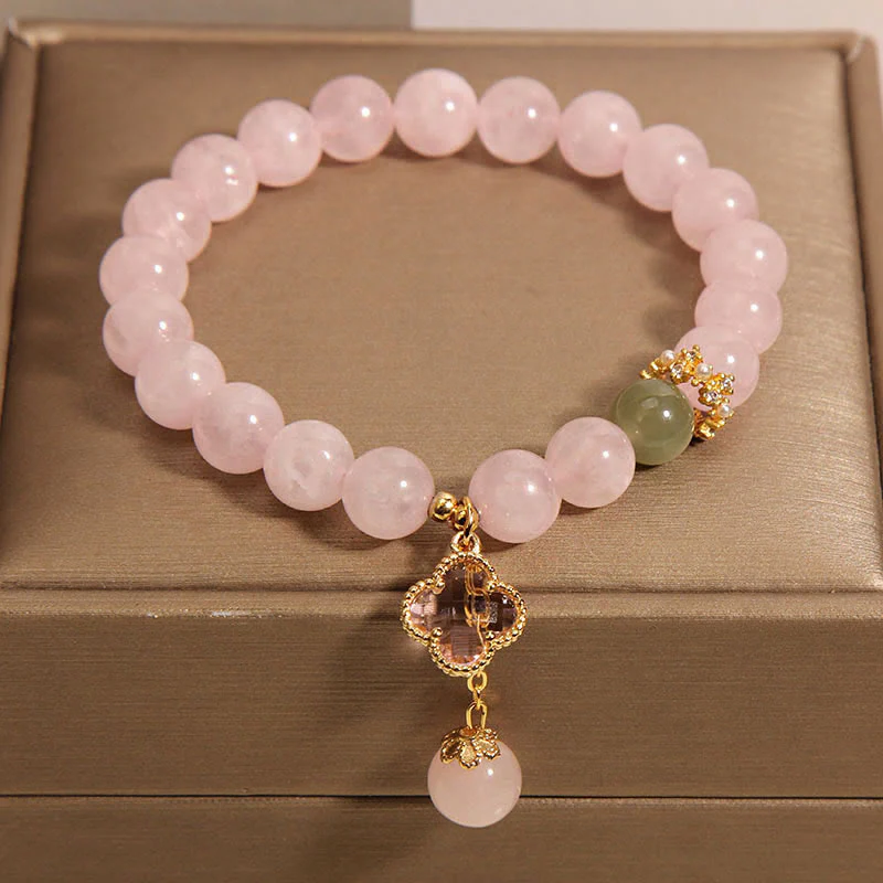 Buddha Stones Natural Pink Crystal Four Leaf Clover Soothing Bracelet