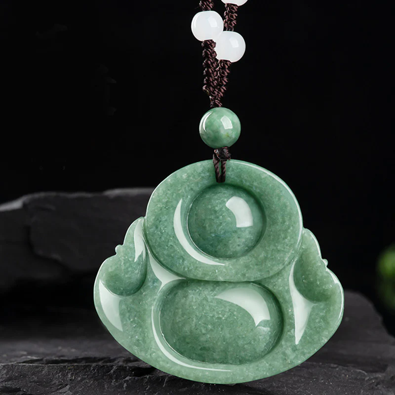 Buddha Stones Laughing Buddha Cyan Jade Harmony Necklace String Bead Pendant