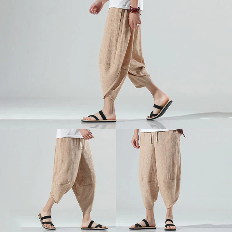 Buddha Stones Plain Simple Design Drawstring 7-8 Length Linen Men's Harem Pants With Pockets