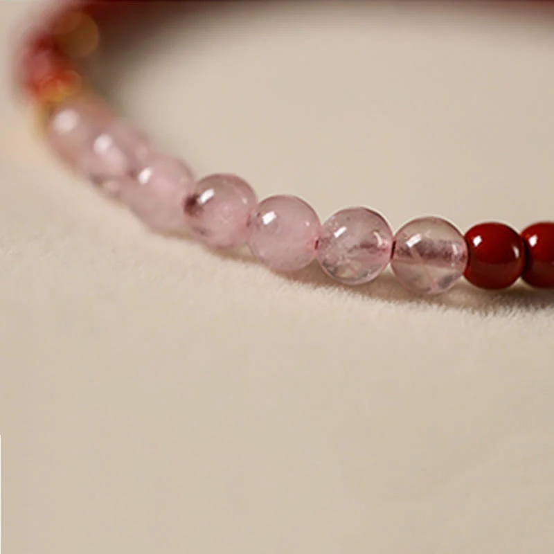 Buddha Stones Natural Cinnabar Pink Crystal Strawberry Quartz Lucky Koi Fish Blessing Bracelet
