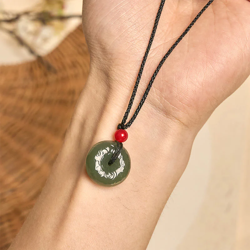Buddha Stones Peace Buckle Auspicious Clouds Cyan Jade Necklace Luck Pendant