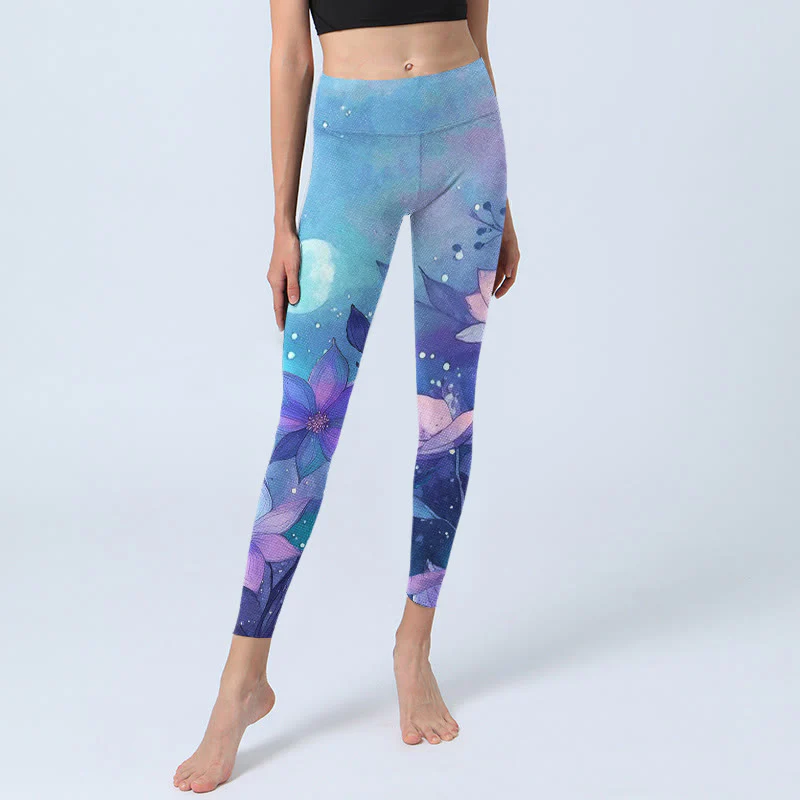 Buddha Stones Moon Lotus Flower Pattern Print Gym Leggings Women's Yoga Pants