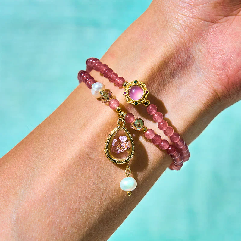 Buddha Stones Natural Strawberry Quartz Pearl Butterfly Water Drop Positive Double Wrap Bracelet