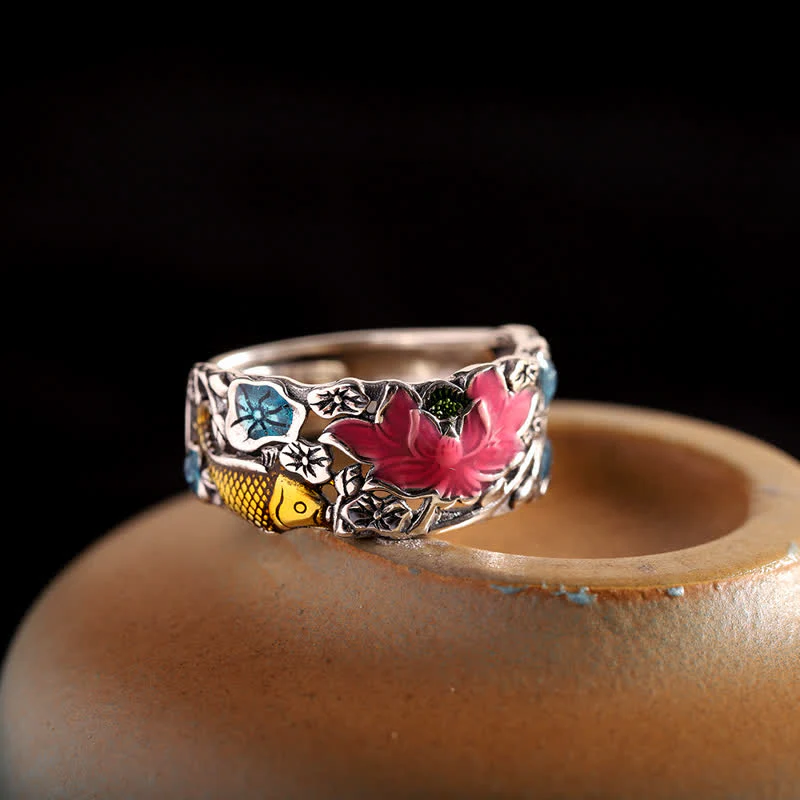 Buddha Stones 925 Sterling Silver Lotus Koi Fish Enlightenment Ring