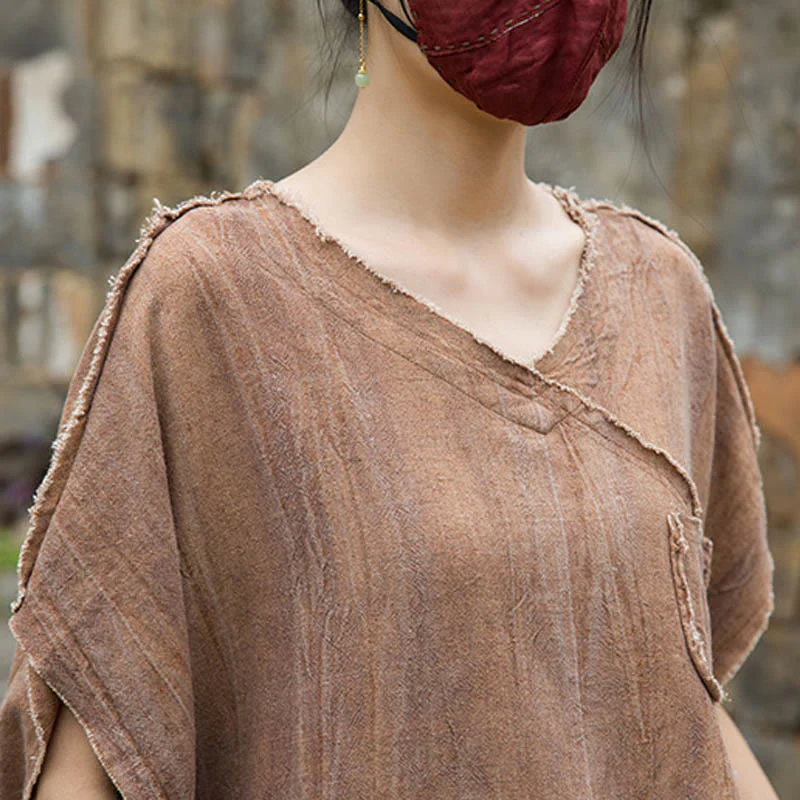 Buddha Stones Summer Tie-dye Linen V-Neck Short Sleeve Women's T-shirts