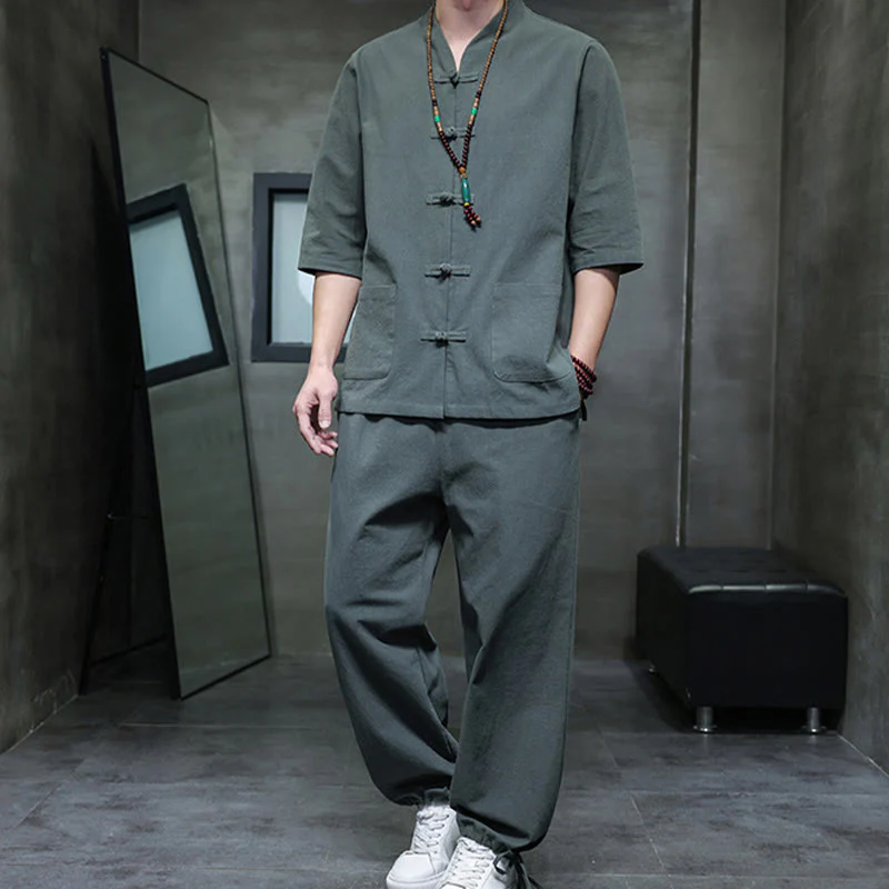 Buddha Stones 2Pcs Tang Suit Frog-Button Design Shirt Pants With Pockets Men's Cotton Linen Meditation Cloth Set