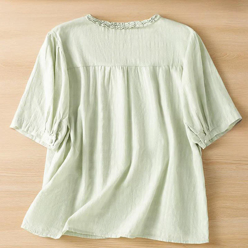 Buddha Stones Jacquard Pleated Ruffled Trim Design V-Neck Short Sleeve Women's Shirt