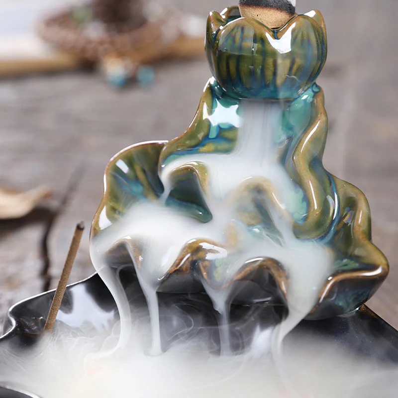 Buddha Stones Lotus Leaf Koi Fish Ceramic Backflow Smoke Fountain Peace Incense Burner Decoration