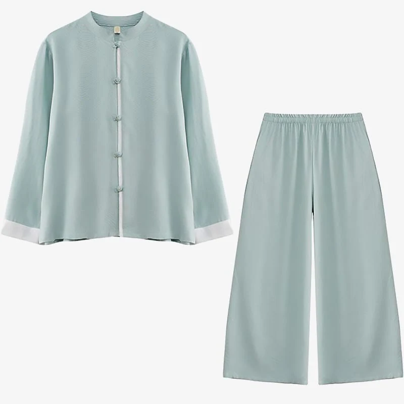 Buddha Stones 2Pcs Tang Suit Long Sleeve Shirt Top Pants Meditation Zen Tai Chi Cotton Linen Clothing Women's Set