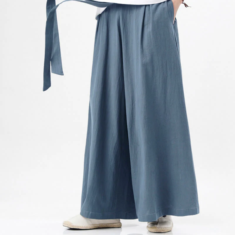 Buddha Stones Spring Casual Sports Drawstring Design Men's Cotton Linen Wide Leg Pants With Pockets