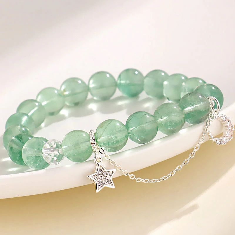 Buddha Stones Green Fluorite Beads Moon Star Peace Bracelet