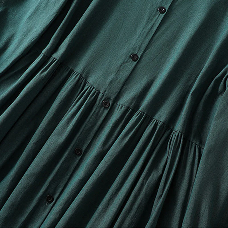 Buddha Stones DarkGreen Plain Ruffled Crew Neck Buttons Design Cotton Midi Dress With Pockets