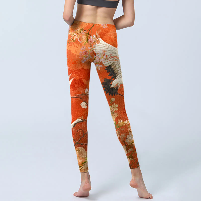 Buddha Stones Red-Crowned Crane Cherry Blossom Lotus Flower Pattern Print Gym Leggings Women's Yoga Pants
