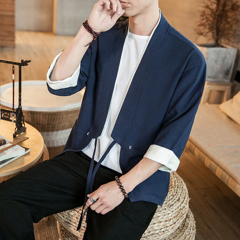 Buddha Stones Lace-Up Design Open Front Jacket Cotton Linen Men's Kimono With Pockets