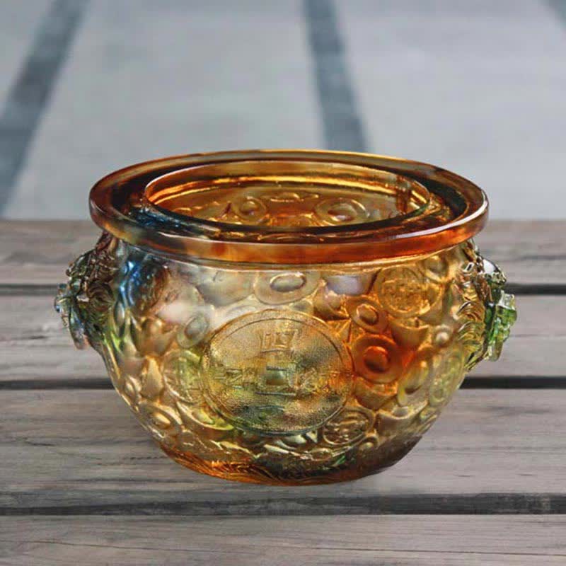 Buddha Stones Handmade Liuli Crystal Treasure Bowl Art Piece Home Decoration