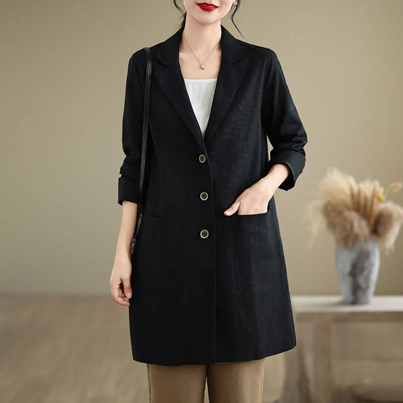 Buddha Stones Casual Fall Buttons Design Lapel Women's Cotton Linen Coat With Pockets