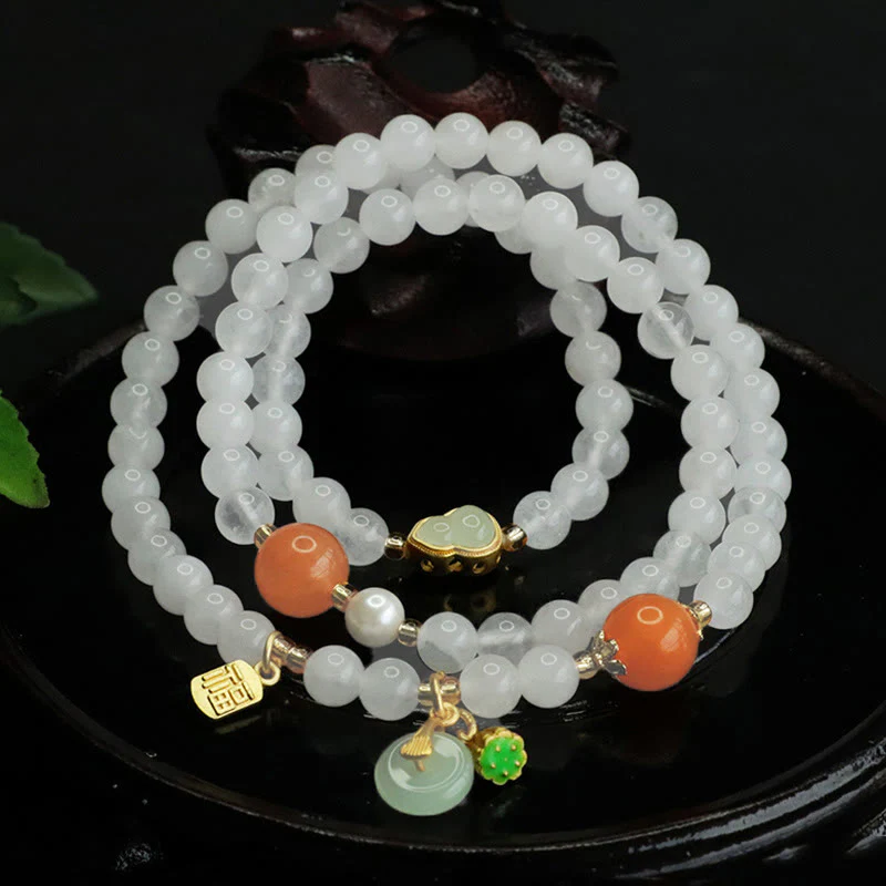 Buddha Stones Natural White Jade Multi-layer Gourd Peace Buckle Fu Character Luck Bracelet