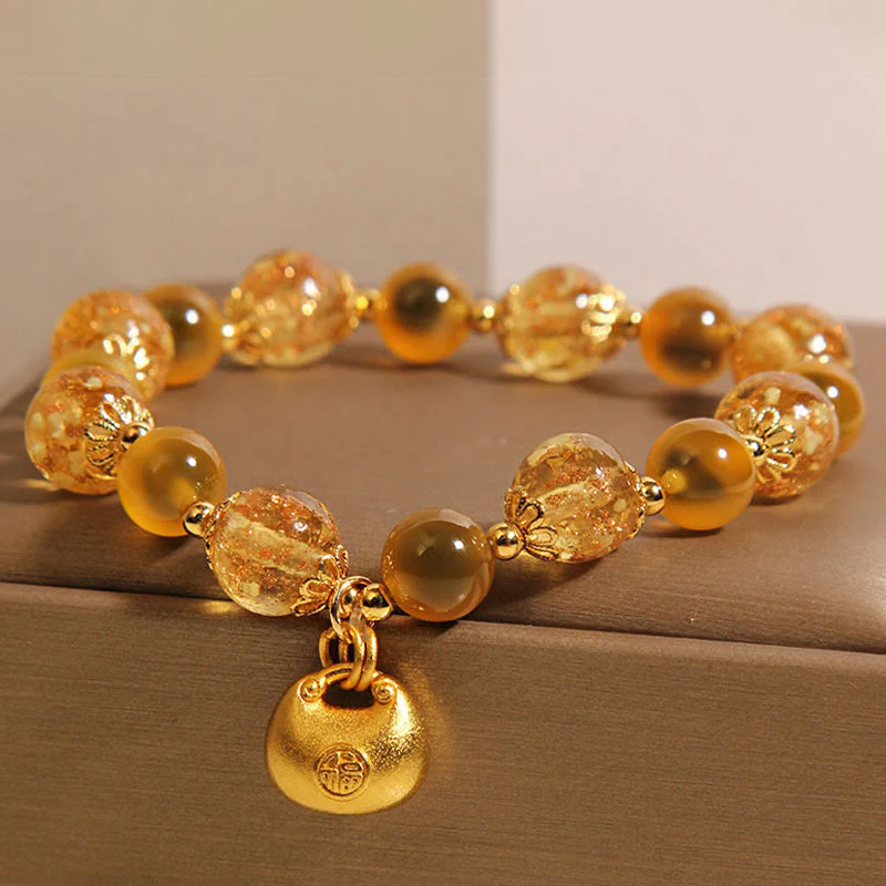Buddha Stones Yellow Candy Agate Fu Character Blessing Bag Healing Bracelet