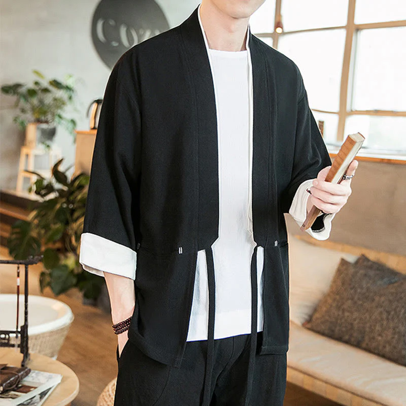 Buddha Stones Lace-Up Design Open Front Jacket Cotton Linen Men's Kimono With Pockets