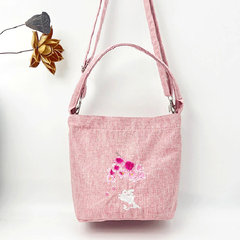 Buddha Stones Embroidery Wisteria Plum Lotus Cherry Blossom Cotton Linen Canvas Tote Crossbody Bag Shoulder Bag Handbag