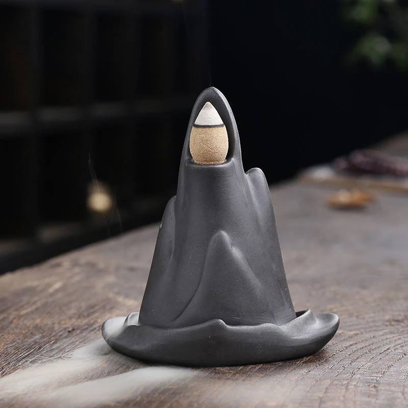 Buddha Stones Little Monk Mountains Flowing Water Purple Clay Ceramic Healing Backflow Incense Burner Decoration