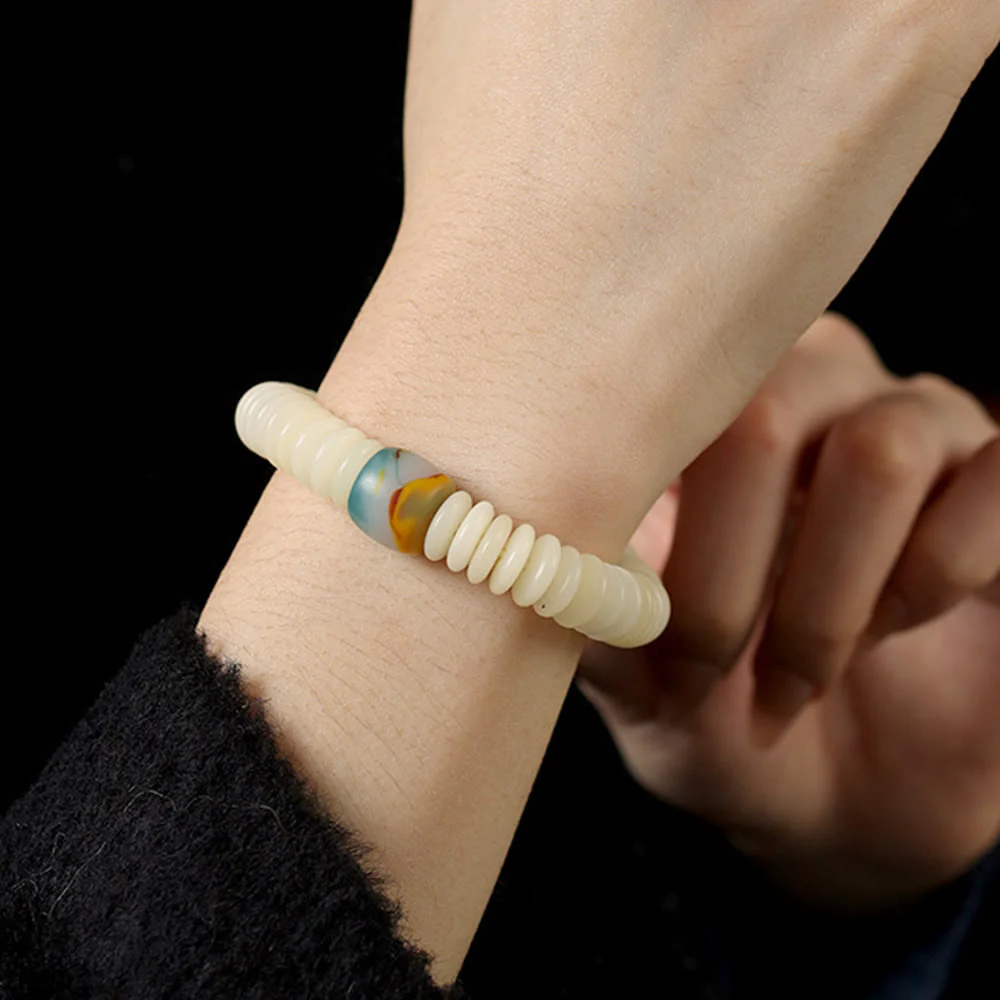 Buddha Stones Natural White Bodhi Seed Stone Wisdom Tassel Wrist Mala Bracelet