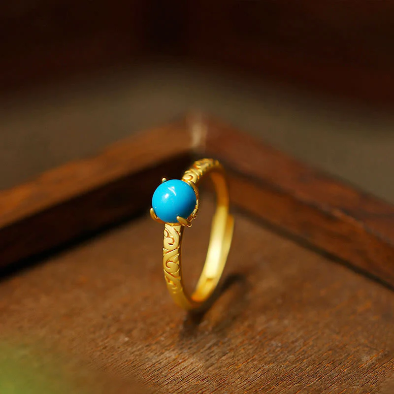 Buddha Stones Simple Design Turquoise Protection Copper Adjustable Ring