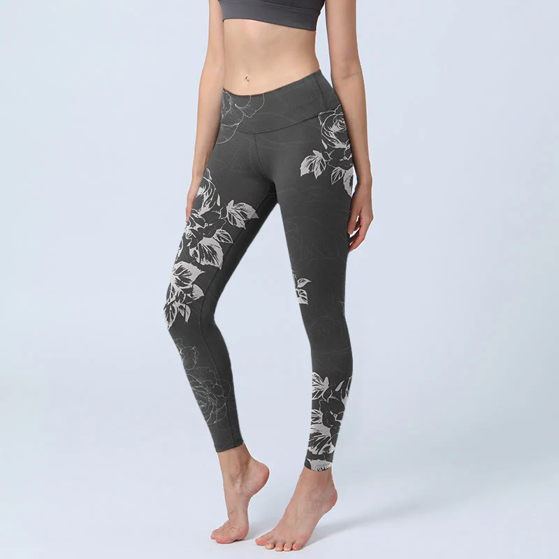 Buddha Stones Gray Peony Rose Flower Sketch Print Gym Fitness Leggings Women's Yoga Pants