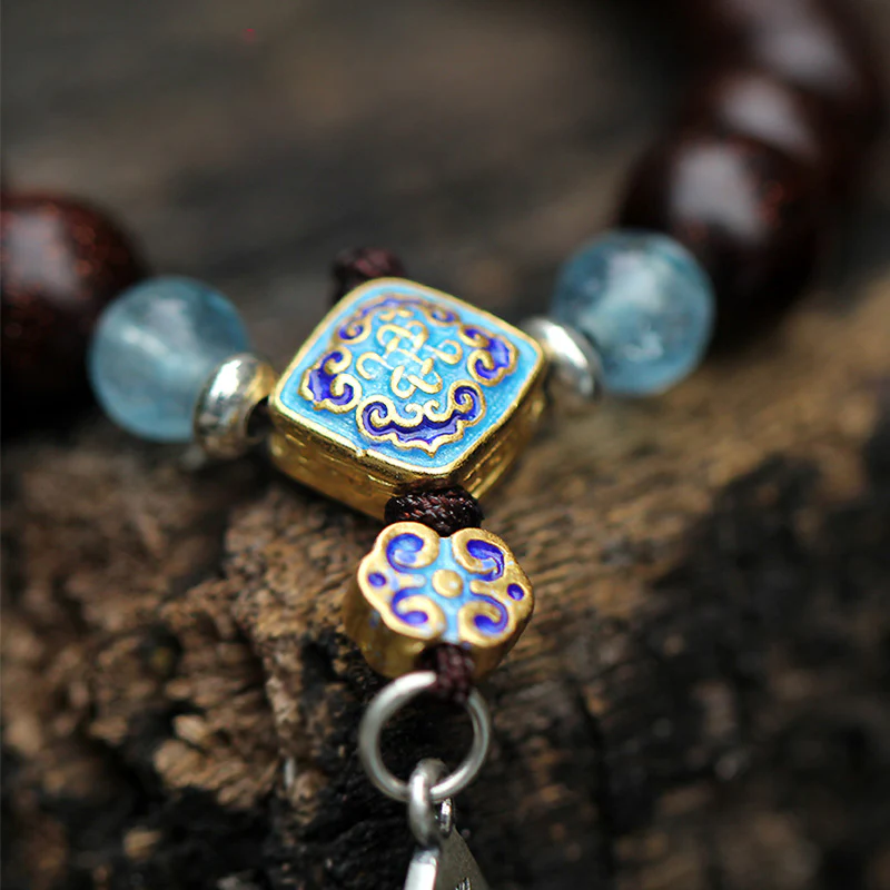 Buddha Stones 925 Sterling Silver Indian Small Leaf Red Sandalwood Aquamarine Full of Gold Star Chinese Knotting Blessing Bracelet