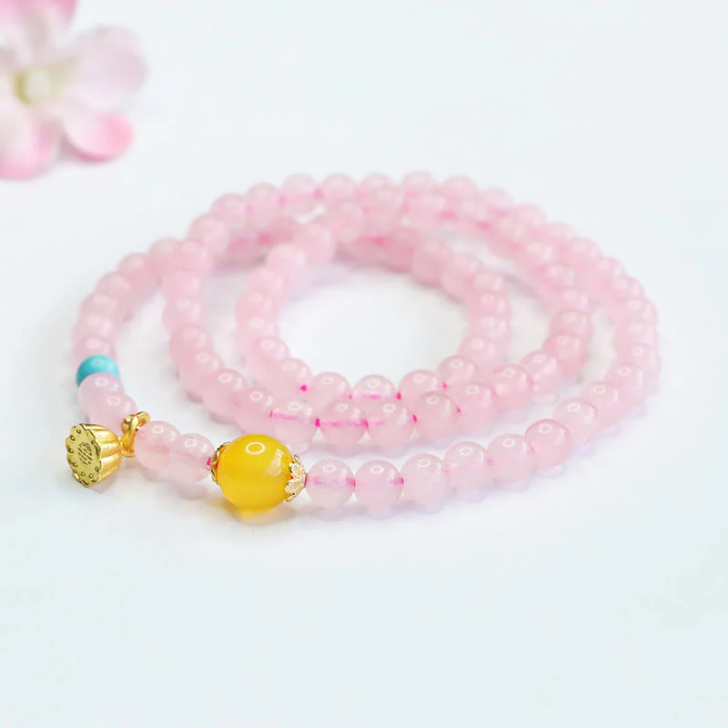 Buddha Stones Pink Crystal Multi-Circle Yellow Chalcedony Lotus Warmth Bracelet