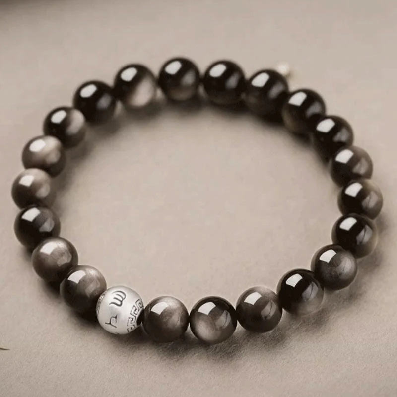 Buddha Stones Natural Silver Sheen Obsidian Om Mani Padme Hum Protection Bracelet