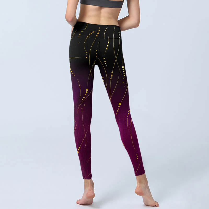 Buddha Stones Abstract Gradient Thin And Long Gold Line Pattern Print Gym Leggings Women's Yoga Pants