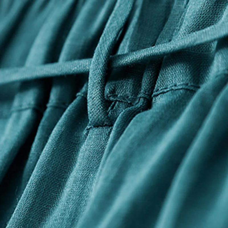 Buddha Stones Simple Design Drawstring Linen Women's Wide Leg Pants With Pockets