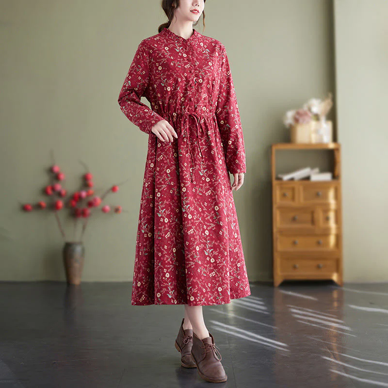 Buddha Stones Ethnic Printing Drawstring Long Sleeve Cotton Linen Midi Dress With Pockets