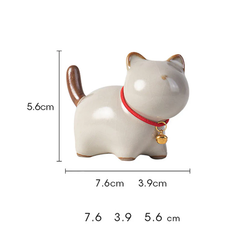 Buddha Stones Mini Lucky Cute Standing Cat Red Rope Bell Ceramic Figurine Decoration
