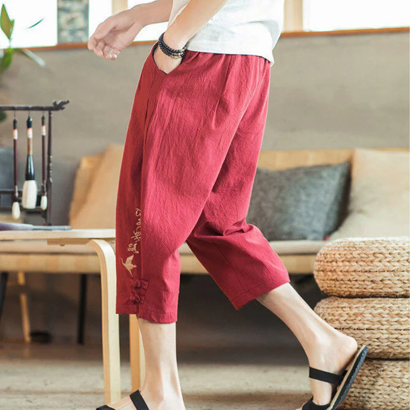 Buddha Stones Crane Embroidery Cotton Men's Cropped Harem Pants With Pockets