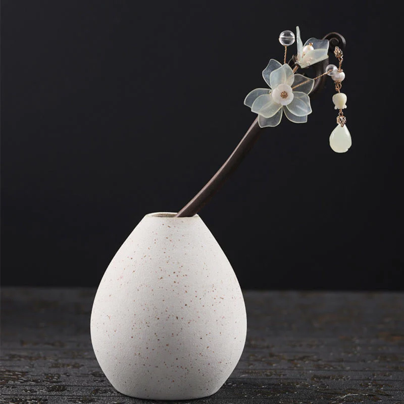 Buddha Stones Ebony Jade Shell Magnolia Tassel Blessing Hairpin