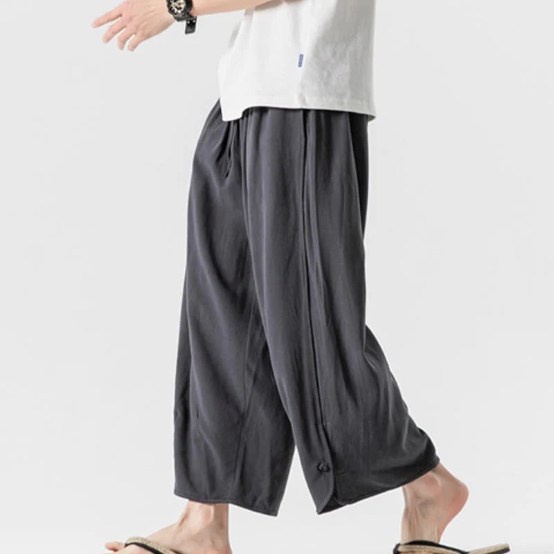 Buddha Stones Casual Loose Frog-Button Plain Men's Cotton Linen 7-8 Length Pants With Pockets