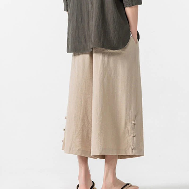 Buddha Stones Casual Loose Frog-Button Plain Men's Cotton 7-8 Length Wide Leg Pants With Pockets