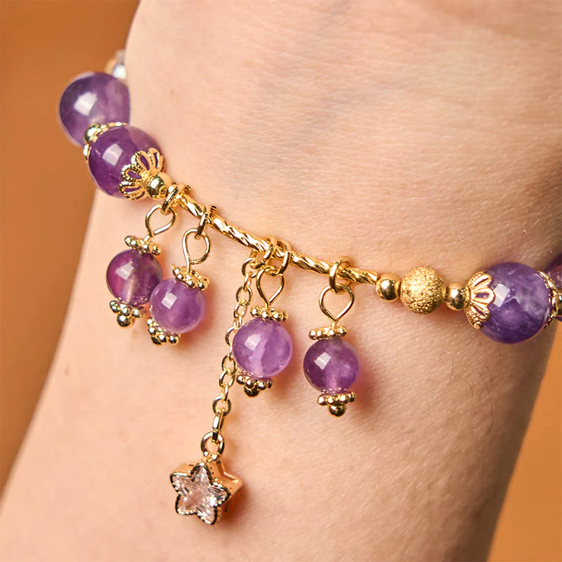 Buddha Stones Natural Amethyst Four Leaf Clover Star Peace Bracelet