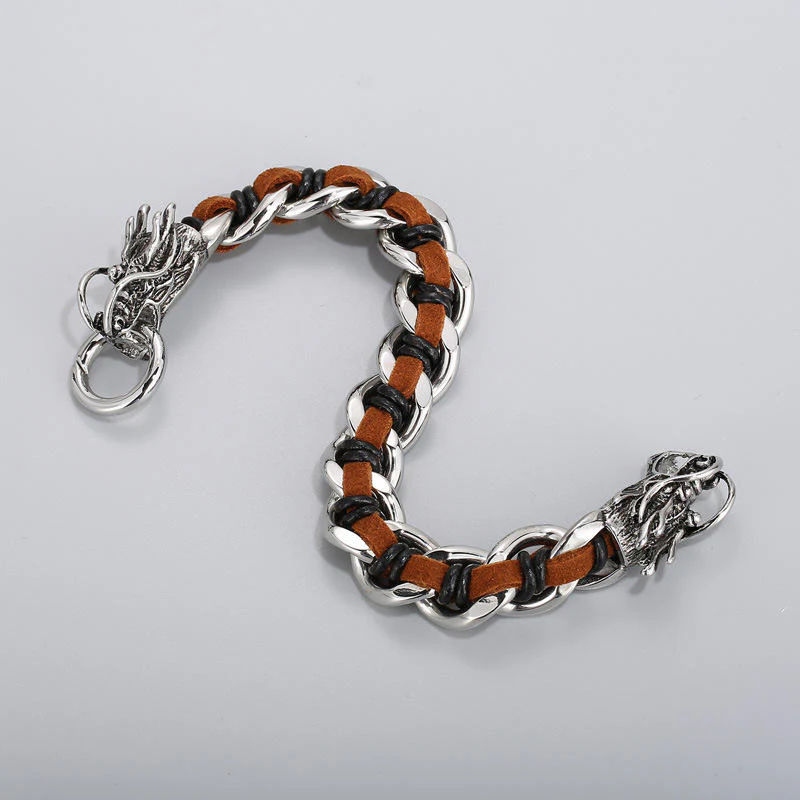 Buddha Stones Dragon Leather Titanium Steel Protection Luck Braided Bracelet