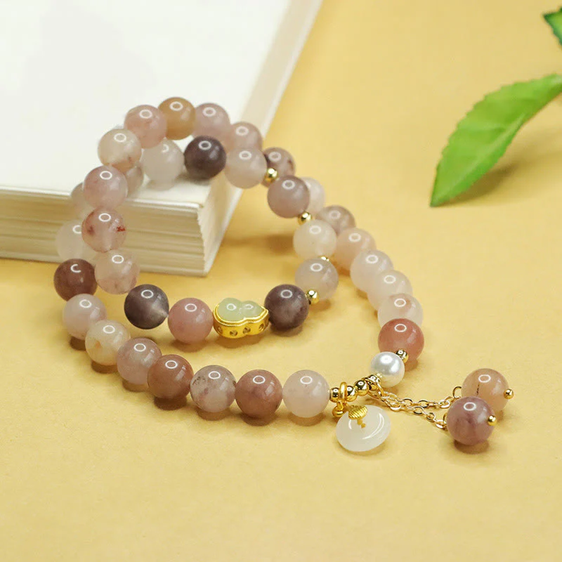 Buddha Stones Natural Golden Silk Jade Double Layer Gourd Peace Buckle Luck Bracelet