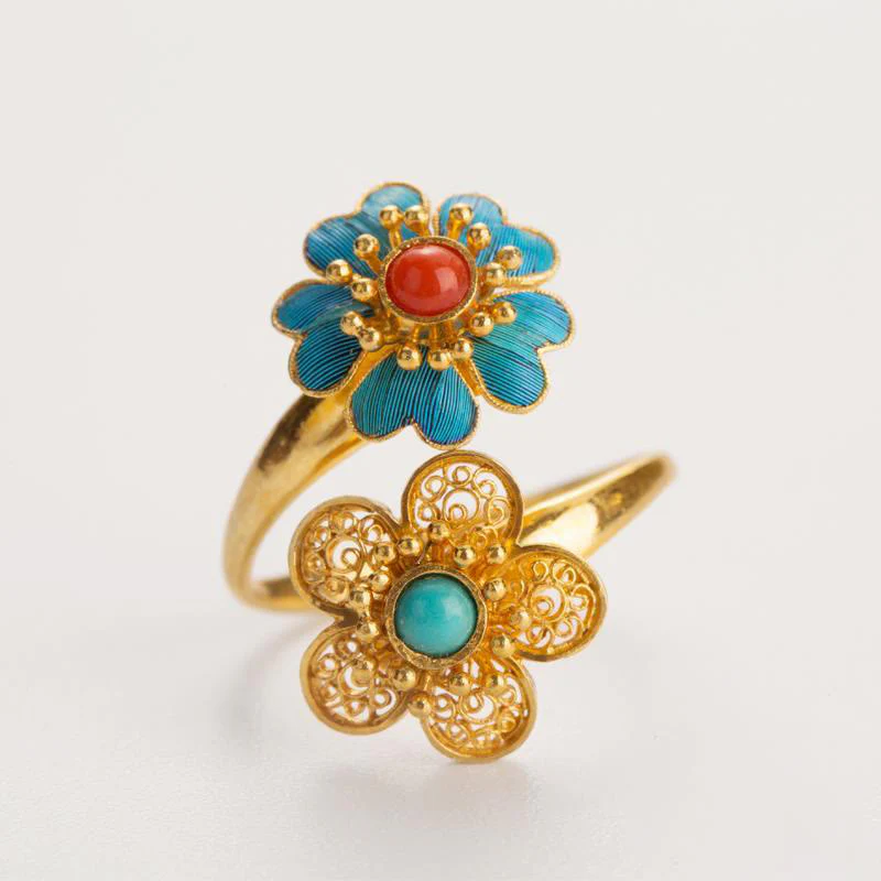 Buddha Stones Double Petals Copper Dripping Turquoise Wealth Ring