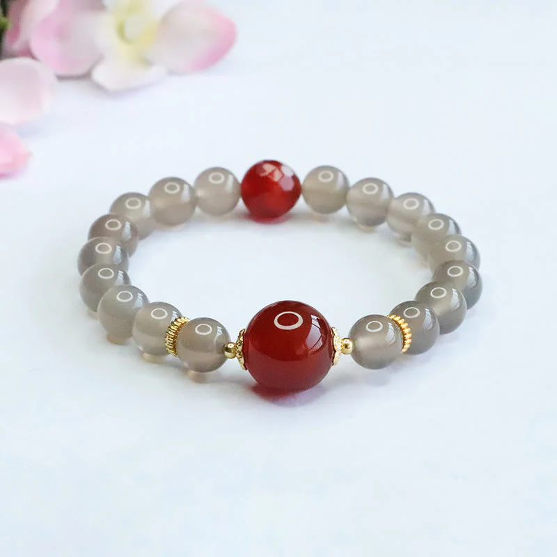 Buddha Stones Natural Gray Chalcedony Red Agate Harmony Bracelet