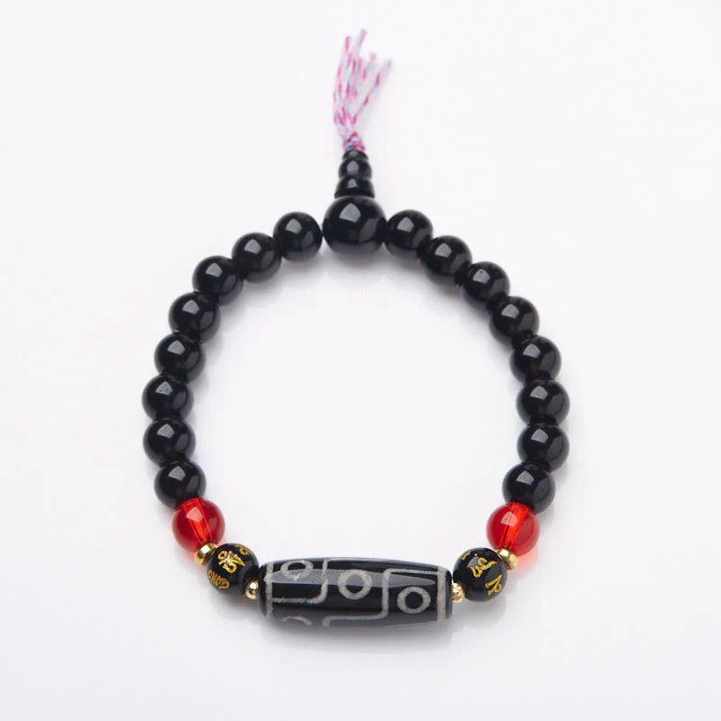 Buddha Stones Tibetan Nine-eye Dzi Bead Black Onyx Six True Words Wealth Protection Bracelet