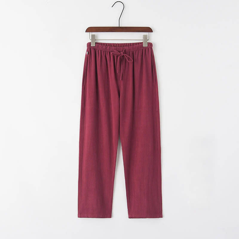 Buddha Stones Spring Summer Solid Men's Drawstring Linen Pants With Pockets