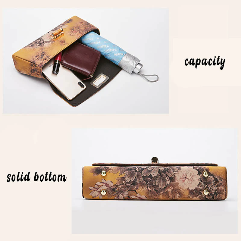 Buddha Stones Flower Pattern Bamboo Handle Metal Chain Crossbody Bag Handbags