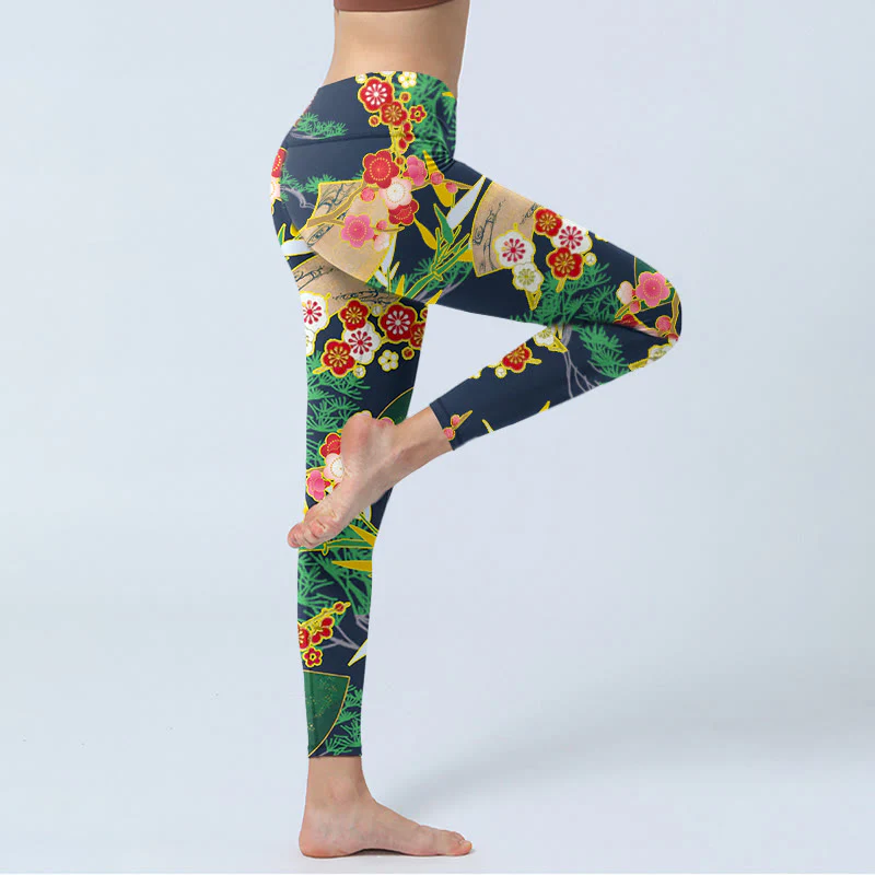Buddha Stones Red Flowers Yellow-green Bamboo Pine Trees Print Gym Leggings Women's Yoga Pants